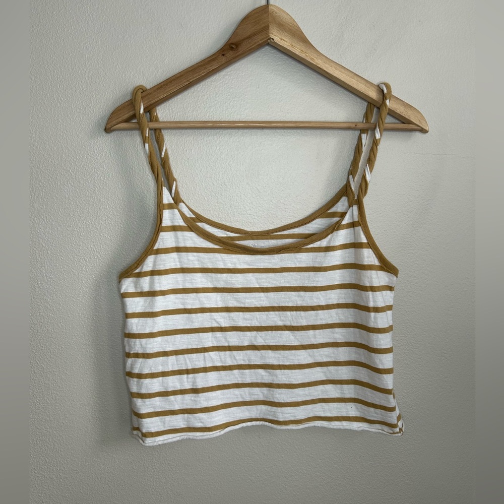 Aerie White Tan Striped Twist Strap Crop Top Tank Top 100% Cotton Size S Small